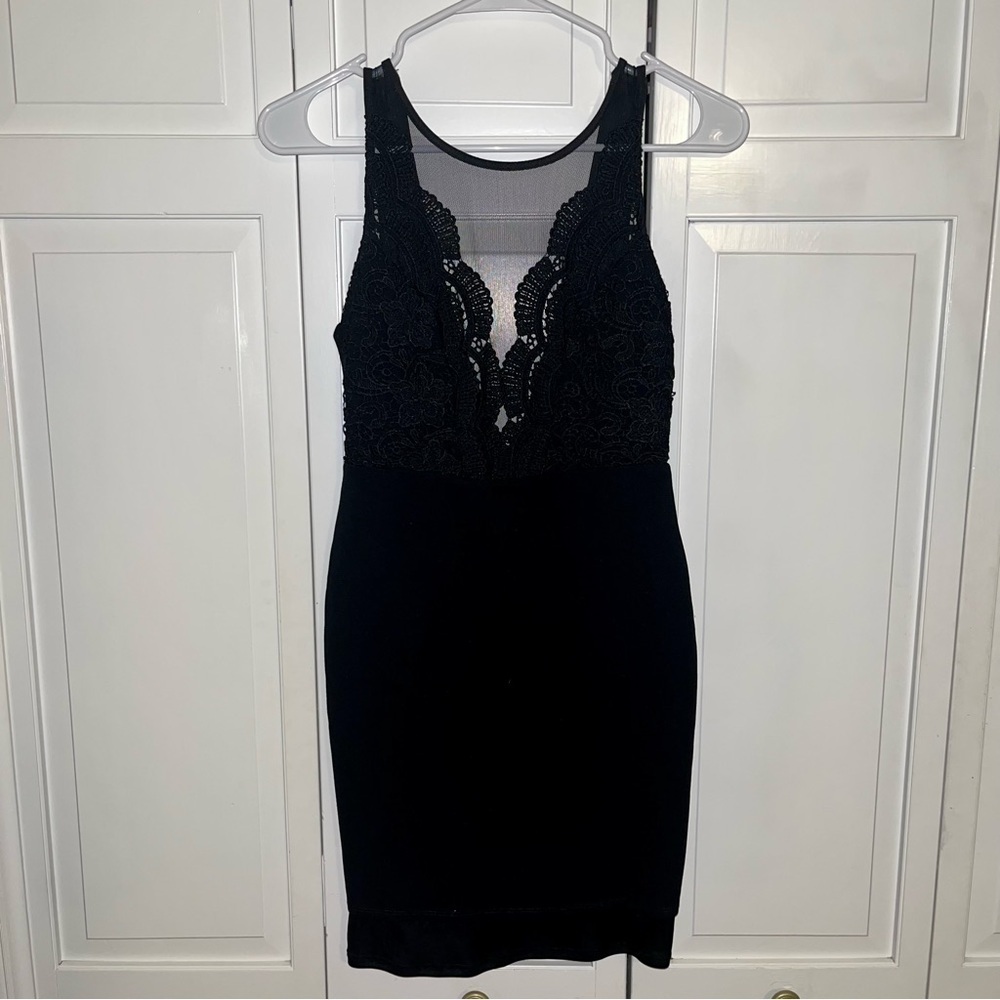Lulu’s Black Dress Mini Mesh Deep V Neck Crochet Size M